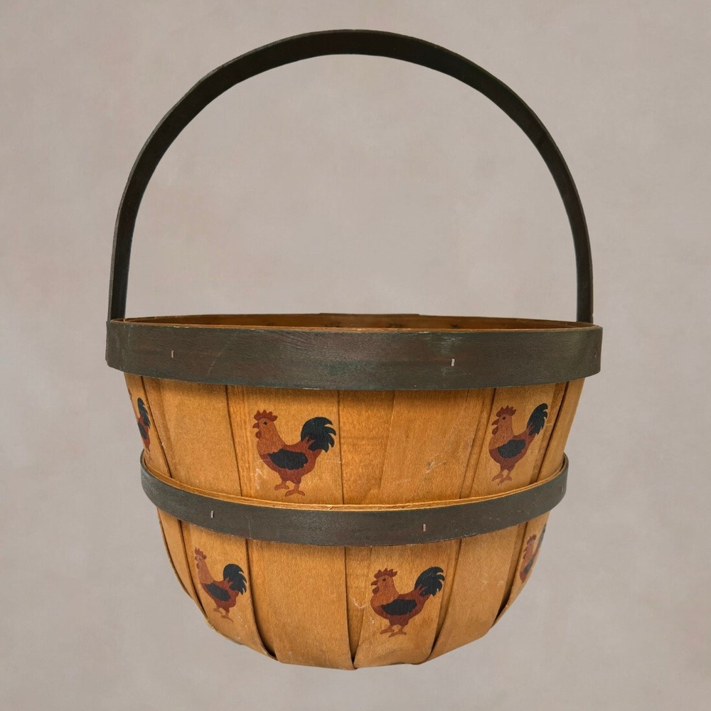 Vintage 1990s Blackberry Lane Rooster Wood Large Basket Handmade Tennessee USA